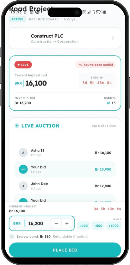 Live auction bid detail screen