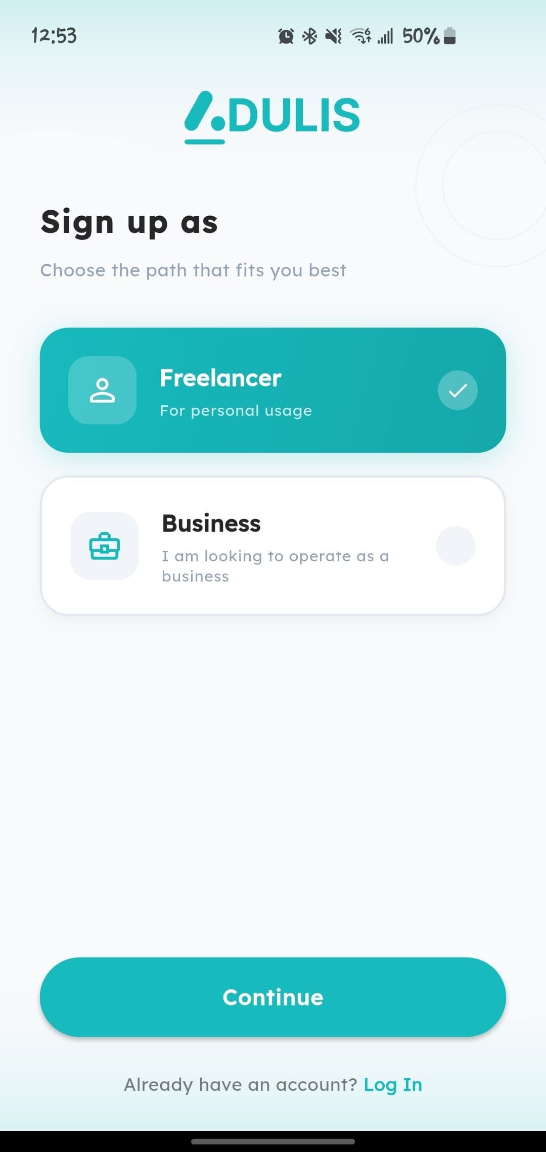 Individual vs business signup selector