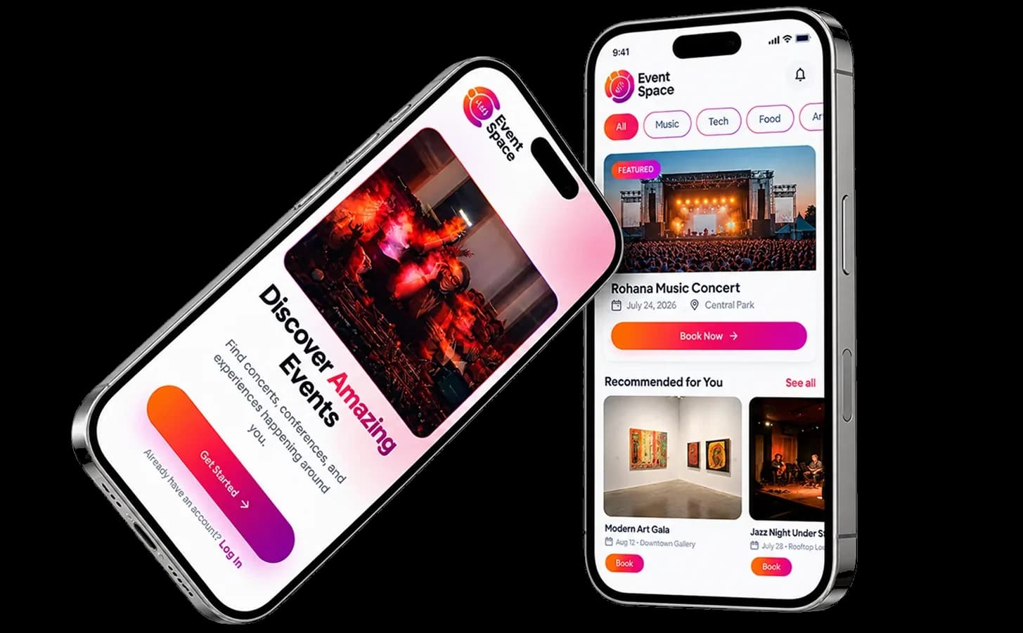 Event Hub mobile mockups — welcome and home discovery screens