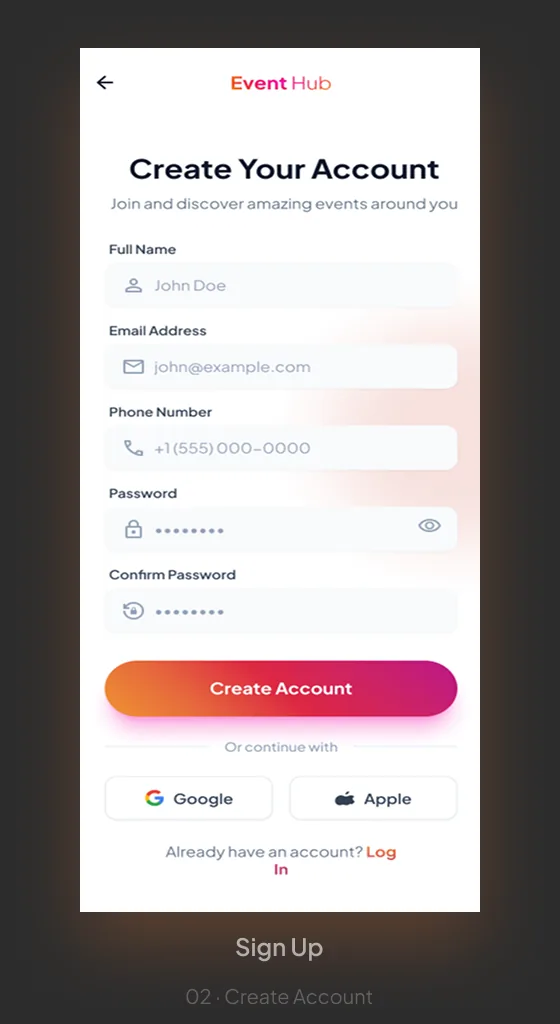 Event Hub create account screen