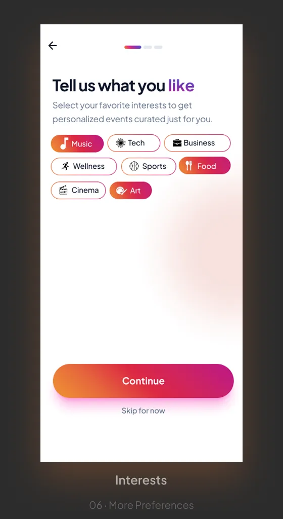Event Hub interest selection screen