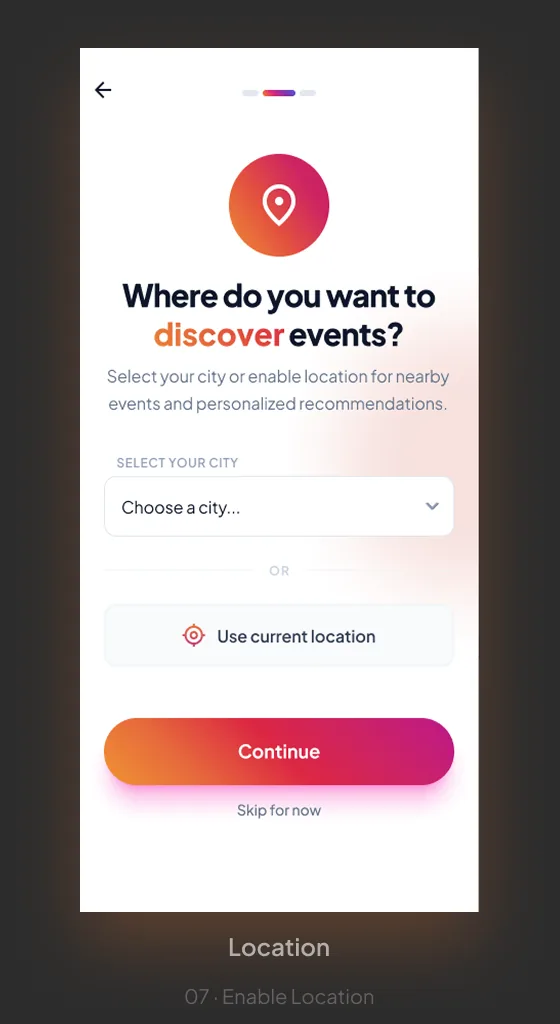 Event Hub location selection screen