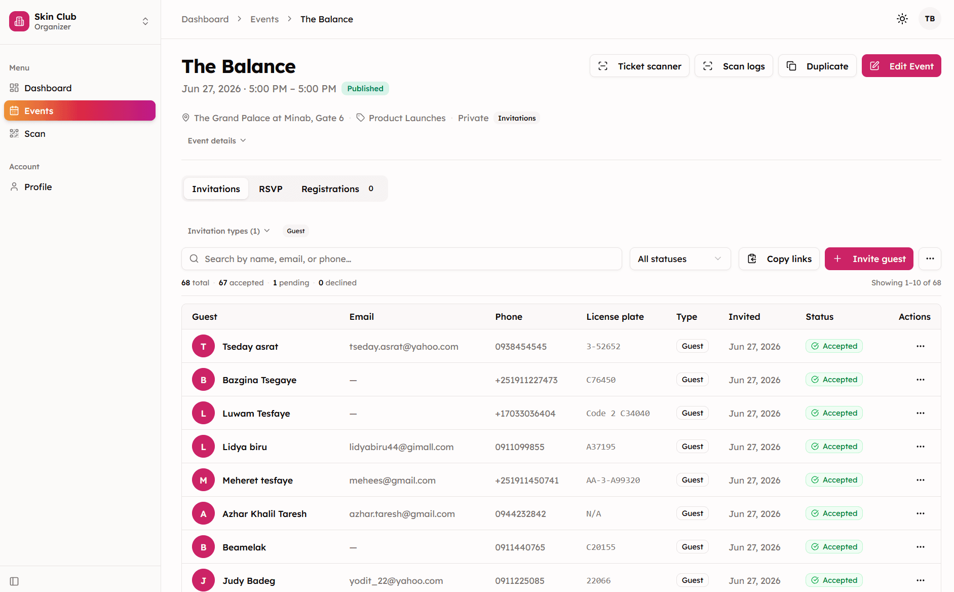 Event Hub organizer invitations dashboard